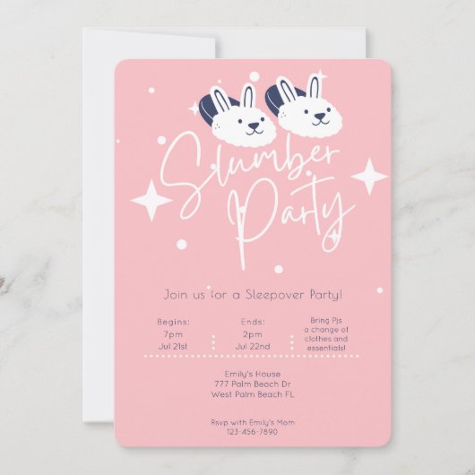 Roze moderne konijnpantoffels logeerpartij slaapfe kaart (Voorkant)