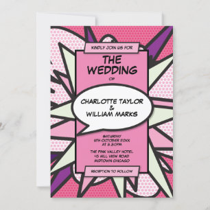 Roze moderne leuke ontwerper strip bruiloft uitnod kaart