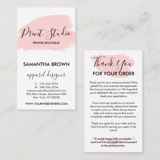 Roze moderne  Logo Hartelijk dank voor uw bestelli Visitekaartje (Voorkant / Achterkant)