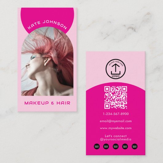 Roze Moderne Make-up Haar Boog Foto QR Code Logo Visitekaartje (Voorkant / Achterkant)