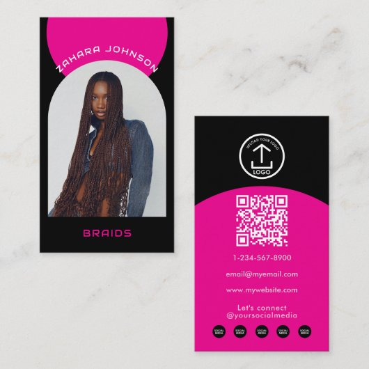 Roze Moderne Make-up Haar Boog Foto QR Code Logo Visitekaartje (Voorkant / Achterkant)