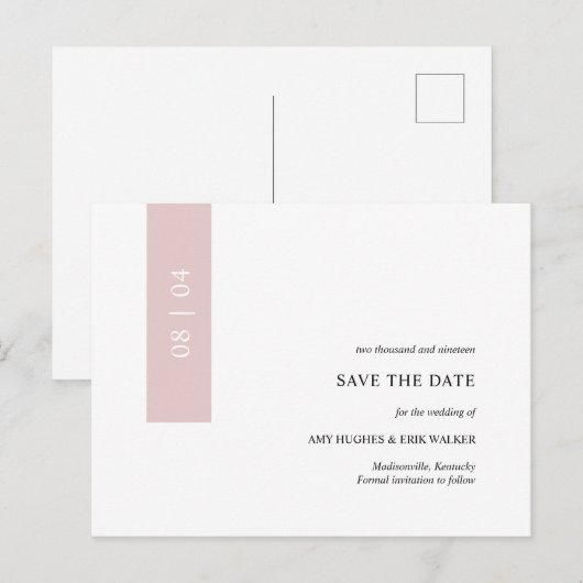 Roze Moderne Minimale Eenvoudige bruiloft sparen d Aankondigingskaart (Voorkant / Achterkant)