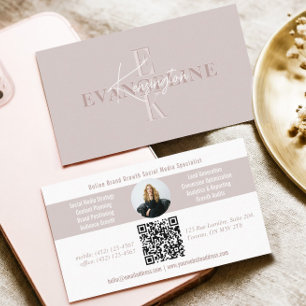 Roze Moderne Minimale Monogram Script Foto QR Code Visitekaartje
