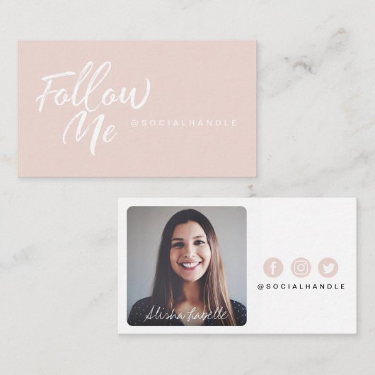 Roze Moderne & Minimale Sociale Media Volg mij Fot Visitekaartje (Voorkant / Achterkant)