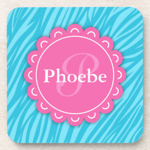 Roze moderne monogram Aqua Blue Zebra Afdrukken Drankjes Onderzetter
