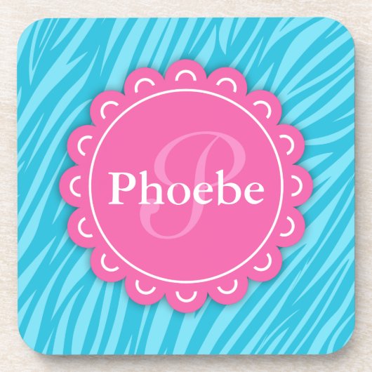 Roze moderne monogram Aqua Blue Zebra Afdrukken Drankjes Onderzetter (Voorkant)