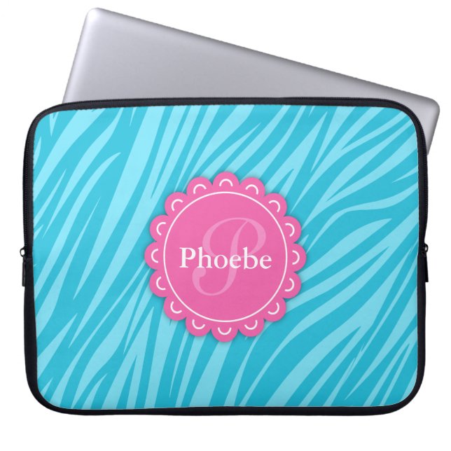 Roze moderne monogram Aqua Blue Zebra Afdrukken Laptop Sleeve (Voorkant)