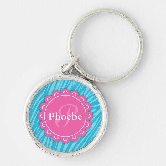 Roze moderne monogram Aqua Blue Zebra Afdrukken Sleutelhanger (Voorkant)