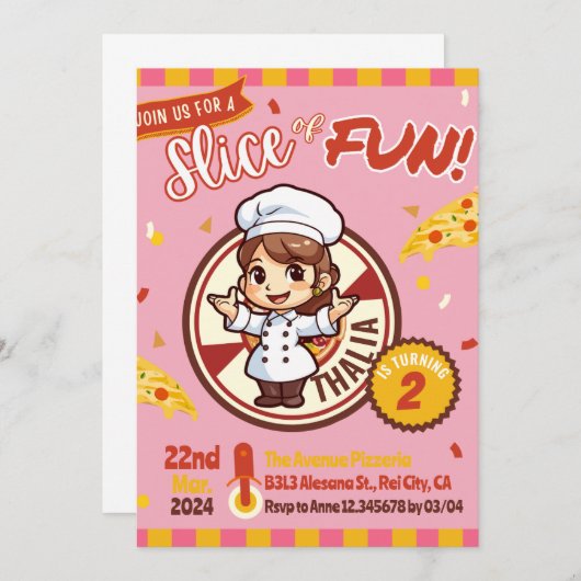 Roze Moderne Pizza Verjaardag Uitnodiging (Voorkant / Achterkant)