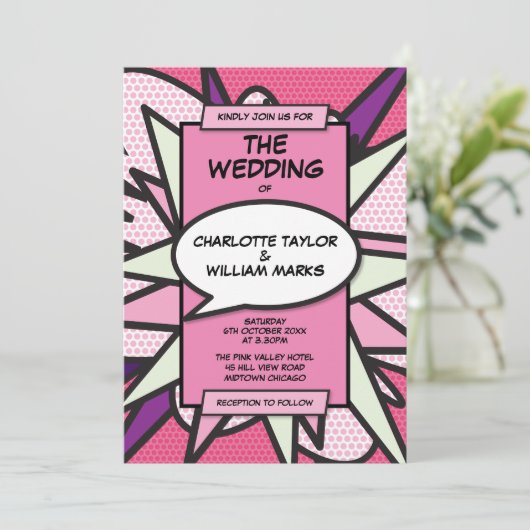 Roze Moderne Pret Designer Strip Bruiloft Uitnodig Kaart (Staand voorkant)
