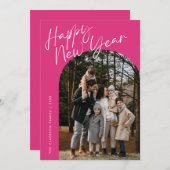 Roze Moderne Script Gelukkig Nieuwjaar Boog 2 Foto Feestdagenkaart (Voorkant / Achterkant)