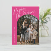 Roze Moderne Script Gelukkig Nieuwjaar Boog 2 Foto Feestdagenkaart (Staand voorkant)