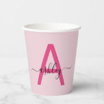 Roze moderne script meisjesnaam monogram papieren bekers<br><div class="desc">Voeg een touch van elegantie toe aan uw evenement met deze persoonlijke papieren bekers met een opvallend roze monogramontwerp. De stijlvolle combinatie van vette typografie en delicate script maakt deze bekers perfect voor een meisjesverjaardag, vrijgezellenfeest of een andere speciale gelegenheid waarbij details ertoe doen. Niet alleen brengen deze bekers verfijning...</div>
