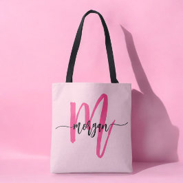 Roze moderne script meisjesnaam monogram tote bag