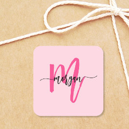 Roze moderne script meisjesnaam monogram vierkante sticker