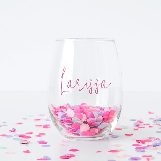 Roze Moderne Script Naam Bachelorette Bruidsmeisje Wijnglas Zonder Voet