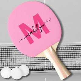 Roze moderne script naam meisjesachtig monogram tafeltennisbatje