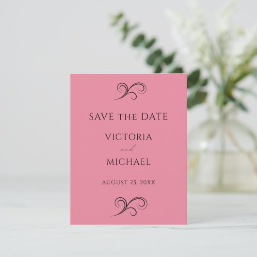 Roze Moderne Scrolls Minimalistische Huwelijk Save The Date (Staand voorkant)