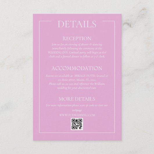 Roze Moderne Trouwdetails Informatiekaartje (Voorkant)