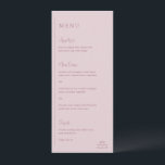 Roze moderne trouwkaart menu<br><div class="desc">Modern trouwmenu met een minimalistisch ontwerp,  inclusief een verticale lijn aan de linkerzijde en een linksonder uitgelijnd menu. De titels zijn in handgeschreven letters voor een elegante uitstraling. In de rechter onderhoek uw monogram boven een horizontale lijn. De kleuren kunnen worden gewijzigd in de design tool.</div>