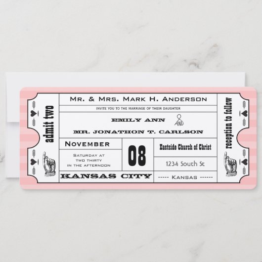 Roze  moderne typografie Ticket Wedding Kaart (Voorkant)