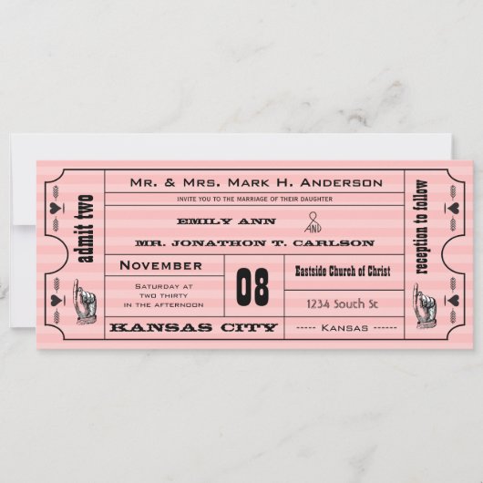 Roze  moderne typografie Ticket Wedding Kaart (Voorkant)