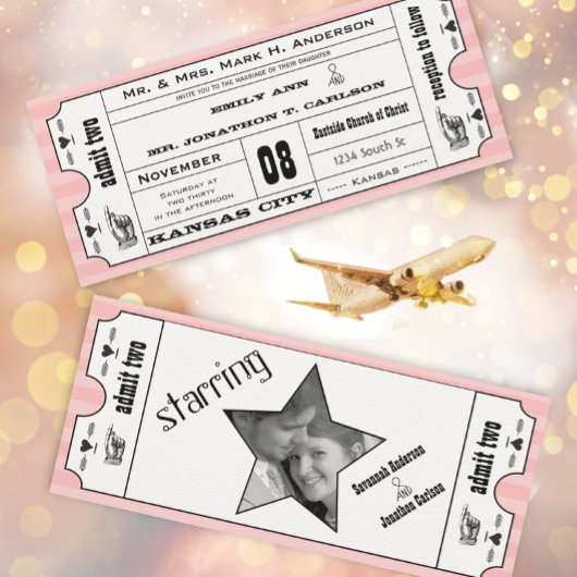 Roze moderne typografie Ticket Wedding Kaart