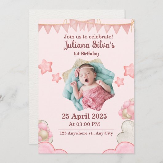 Roze moderne verjaardag Uitnodiging (Voorkant / Achterkant)