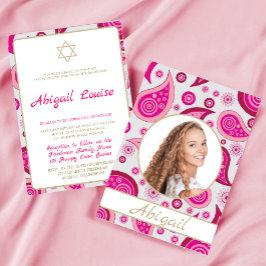 Roze moderne vleermuis mitswa foto uitnodiging