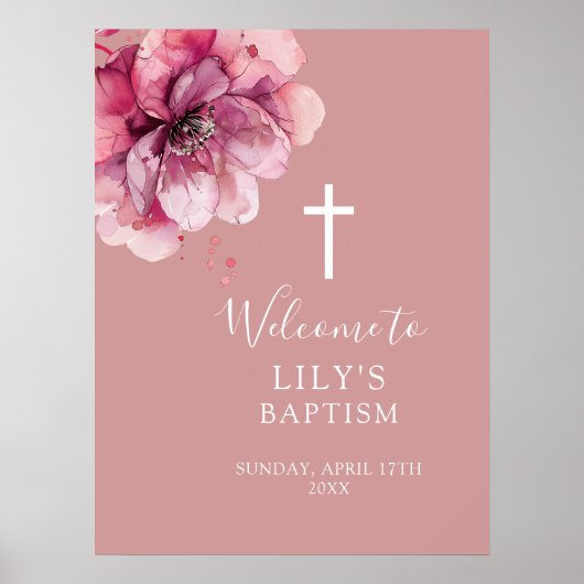 Roze Moderne Waterverf Bloemdoop Welkomstbord Poster (Voorkant)