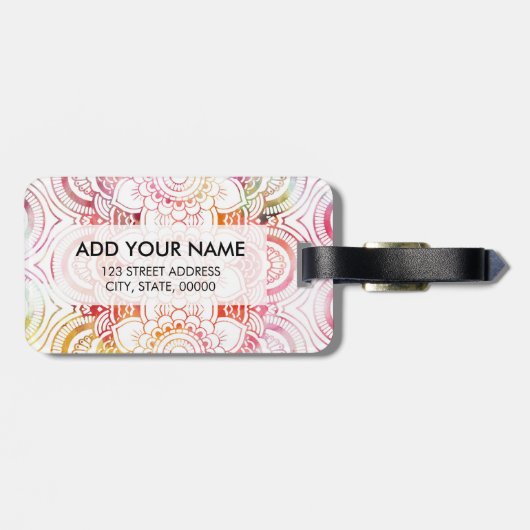 Roze moderne waterverf spoelt koraalflorale mandal bagagelabel (Achterkant horizontaal)