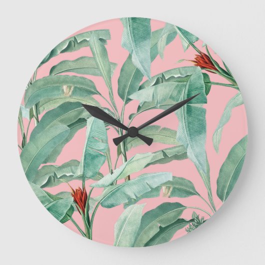 Roze moderne Waterverf tropische banaan palmblader Grote Klok (Voorkant)