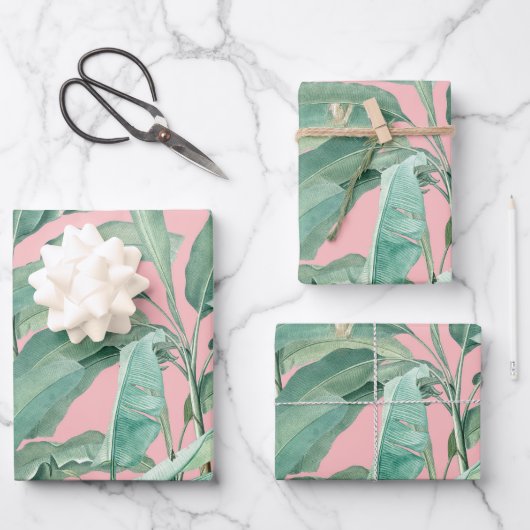 Roze moderne Waterverf tropische banaan palmblader Inpakpapier Vel (Voorkant)