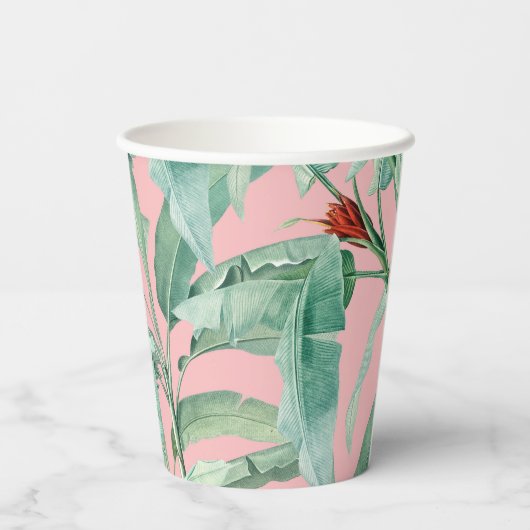 Roze moderne Waterverf tropische banaan palmblader Papieren Bekers (Achterkant)