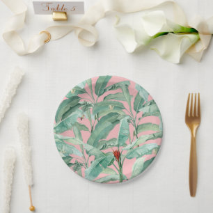Roze moderne Waterverf tropische banaan palmblader Papieren Bordje