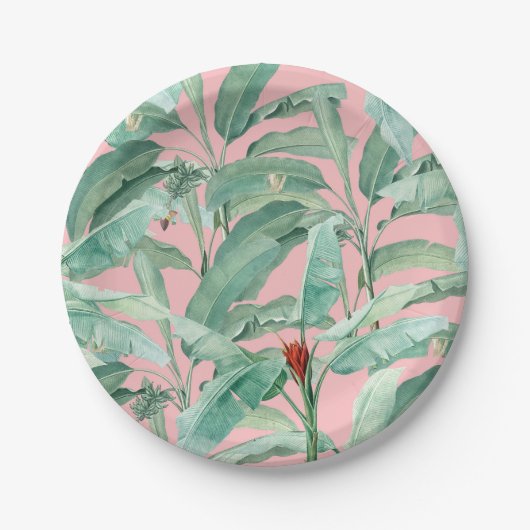 Roze moderne Waterverf tropische banaan palmblader Papieren Bordje (Voorkant)