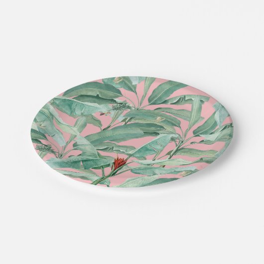 Roze moderne Waterverf tropische banaan palmblader Papieren Bordje (Gekanteld)