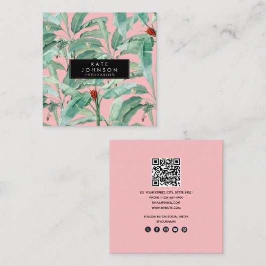 Roze moderne Waterverf tropische banaan palmblader Vierkante Visitekaartje (Voorkant / Achterkant)