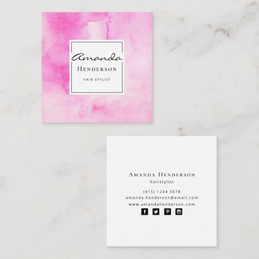 Roze moderne Waterverven penseelstreken Elegant Vierkante Visitekaartje (Voorkant / Achterkant)