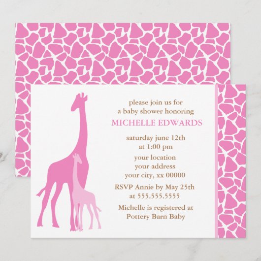 Roze moeder en Baby Giraffe Baby shower Kaart (Voorkant / Achterkant)