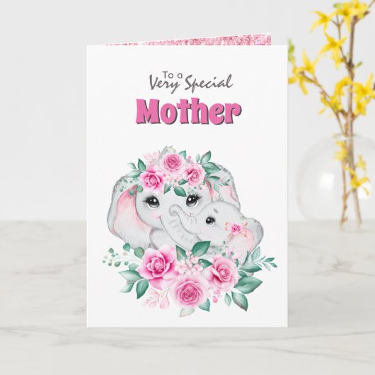 Roze moeder kind olifant roos speciaal kaart (Gele Bloem)