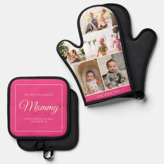Roze Moederdag 5 Fotocollage Custom Gift Ovenwant & Pannenlap Set (Voorkant / Achterkant)