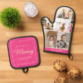 Roze Moederdag 5 Fotocollage Custom Gift Ovenwant & Pannenlap Set (Top down)