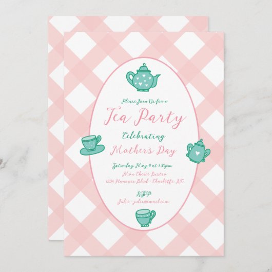 Roze Moederdag Tea Party Kaart (Voorkant / Achterkant)