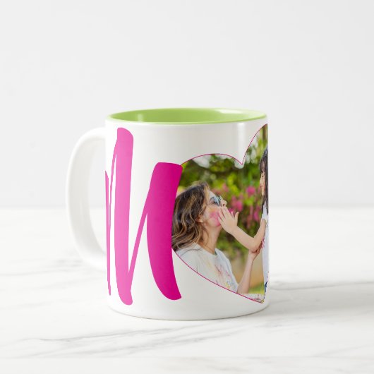 Roze "MoM" Foto Hart Gepersonaliseerd Tweekleurige Koffiemok (Voorkant links)