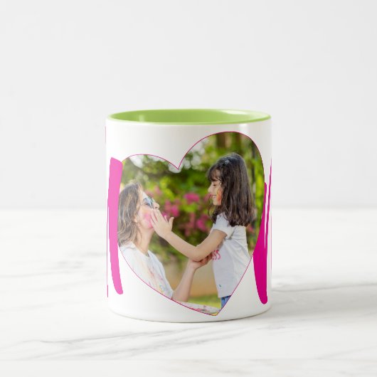 Roze "MoM" Foto Hart Gepersonaliseerd Tweekleurige Koffiemok (Center)