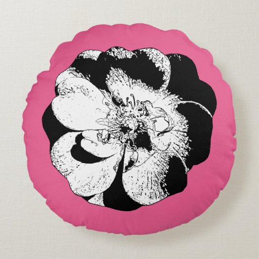 Roze & Monochrome Bloemen Ronde Kussen (Voorkant)