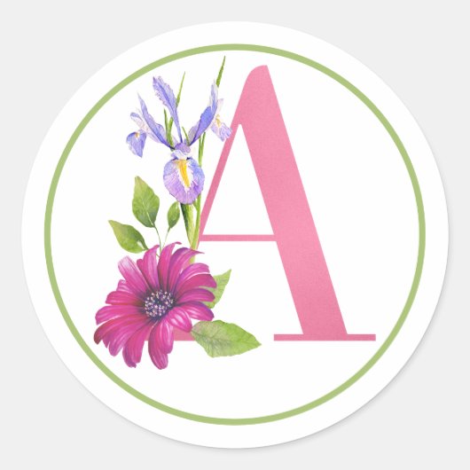 Roze monogram A met zomerbloemen Ronde Sticker (Voorkant)