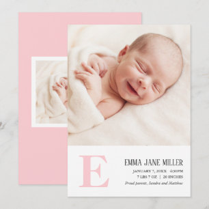 Roze Monogram Baby Geboorte Aankondiging Fotokaart