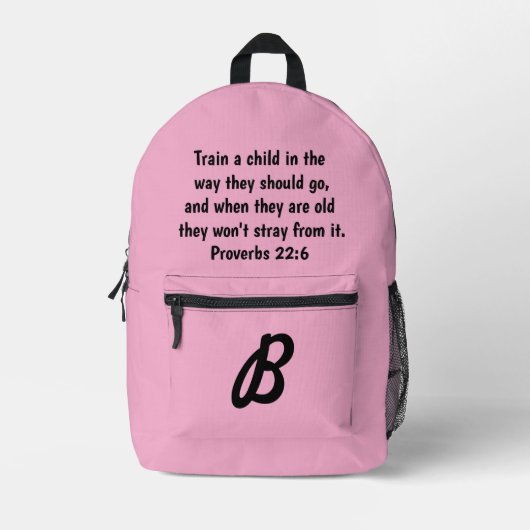 Roze Monogram Bijbelvers Spreuken 22:6 Bedrukte Rugzak (Voorkant)